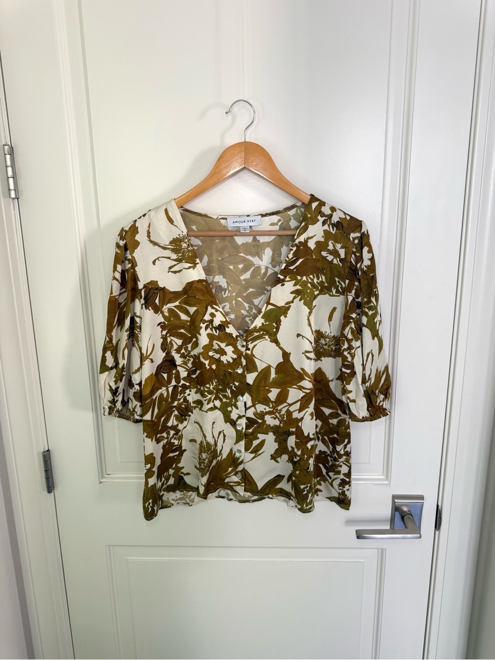 Amour Vert Autumn Floral Print Top Blouse Gold Green V-Neck Puff Sleeves Sz XL